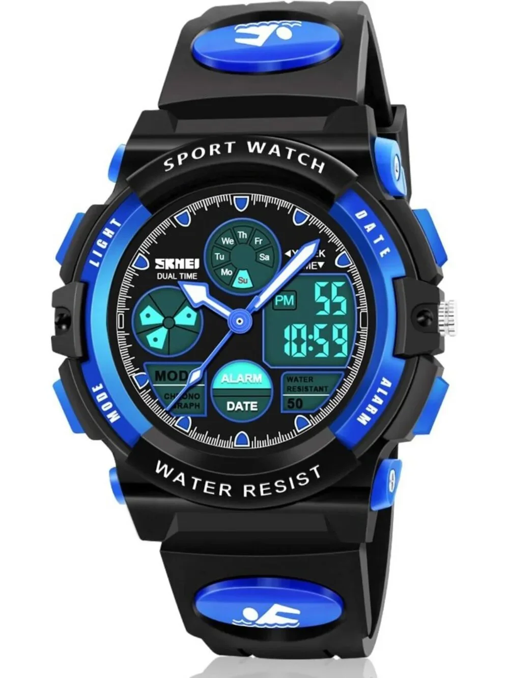 Kid's Black Blue Analog Quartz Multi Function Waterproof Round LED Digital Watch